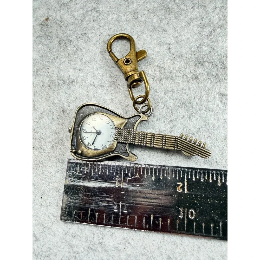 Novelty Guitar Quartz Watch Keychain Bronze Tone Musician Gift Not Working